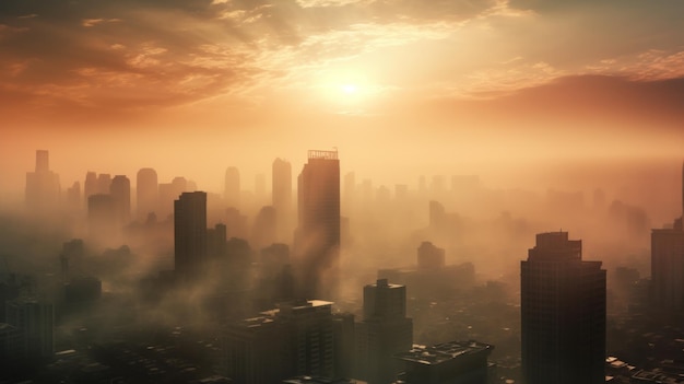 stad in smog tegen de achtergrond van de opkomende zon milieucrisis van onze dagen banier hoge kwaliteit