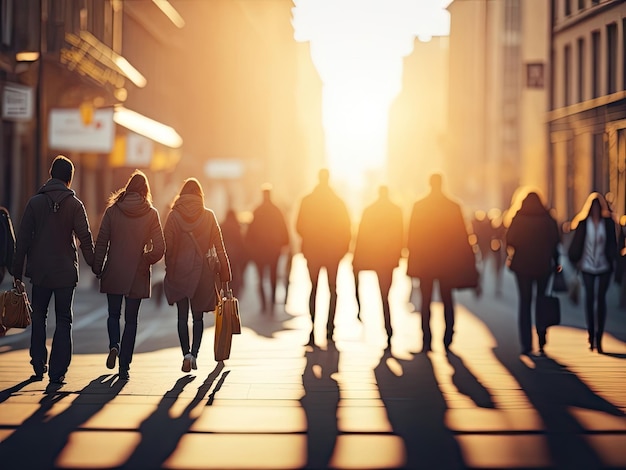 Stad met wazige beweging en wandelende mensen ai generatief