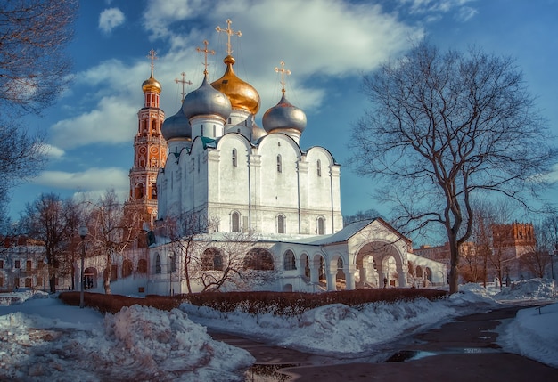 Stad Moskou. Winter landschap. Novodevichy-klooster. Bezienswaardigheden van Rusland.