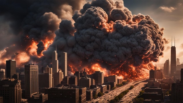 stad onder aanval explosie brand mensen lopen in de verkeersopstoppingen apocalyptische illustratie