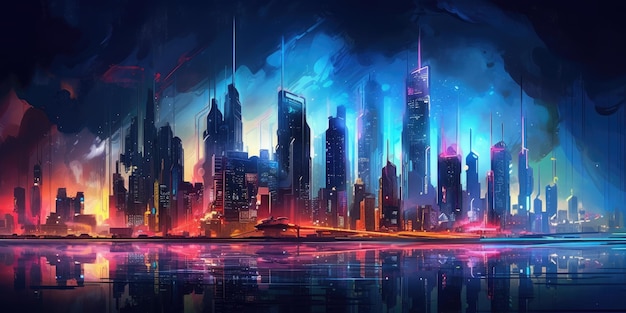 stad skyline cyberpunk neon op donkere achtergrond prachtige generatieve AI AIG32