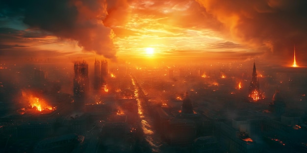 stad verwoest door bombardementen van nucleaire oorlog is in puin in rook en vuur Megapolis stad na de apocalyps bij zonsondergang luchtbeeld van boven