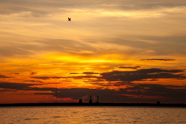 Stad zonsondergang, zonsopgang op de zee zon oceaan