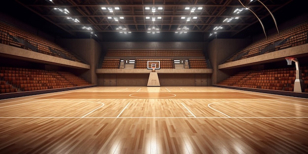 Stadion basketbalveld met houten vloer en tribunes met AI gegenereerd
