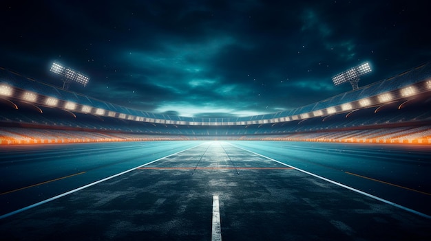 stadion in de nacht met felle lichten en rode voetbal