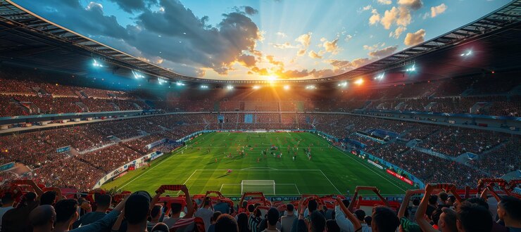 Stadion met fans bij een voetbalwedstrijd