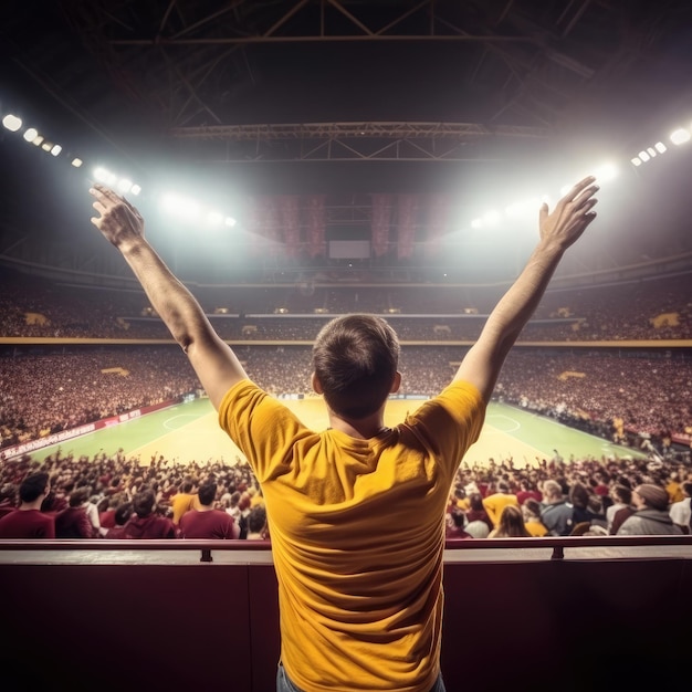 Stadium basketball fan in the stands raising his hands