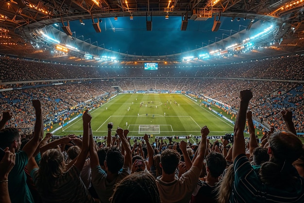 Stadium crowd celebrates soccer victory at night Generative AI