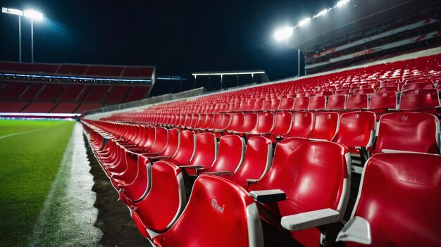 Photo stadium filled with red seats and green field