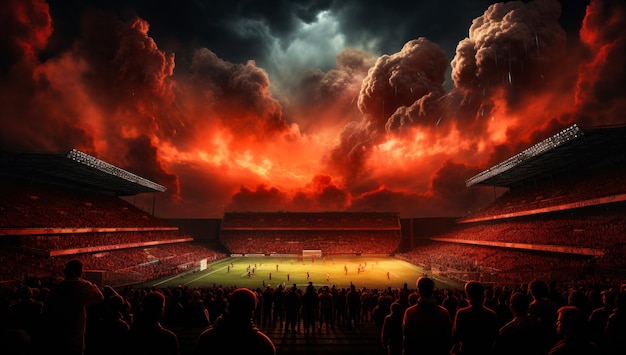 Stadium full of fans in fire Big football arena superleague event Generative AI