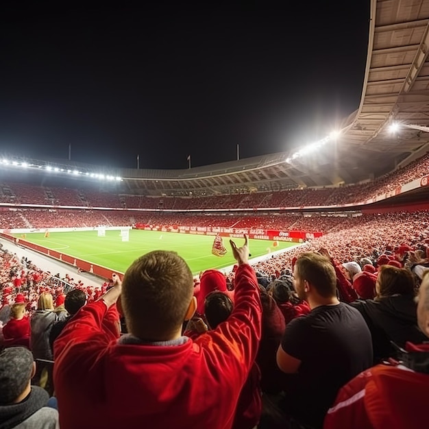 A stadium full of people with red jackets and red jackets in the stands