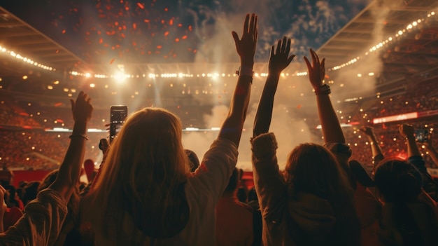 The stadium lights shine down on the victorious fans capturing the euphoric energy of the moment