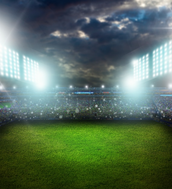 Stadium in night illuminated bright spotlights