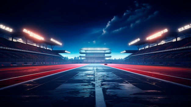 stadium in night with bright lights and red football