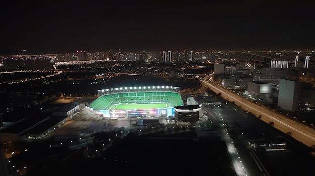 A stadium at night with the lights on.