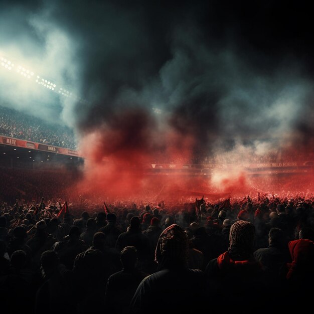 Foto foto dello stadio con i tifosi che rilasciano fumo realistica in 4k