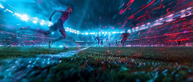 A stadium soccer match in an international championship involving blue and red teams Blue and red players are running behind forwards defending positions The concept is an international news
