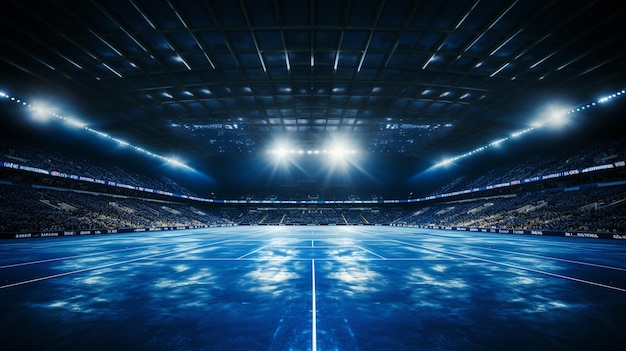 Photo a stadium with a blue track and lights on the ceiling.