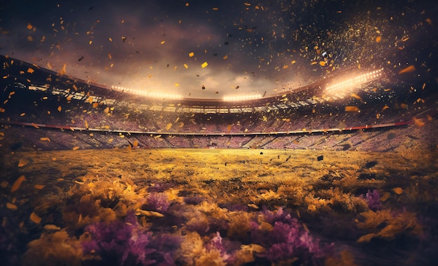 A stadium with confettis flying outside