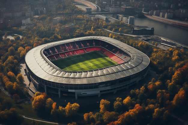 A stadium with a green roof and a red and yellow trees in the background.