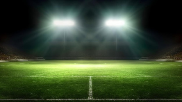 A stadium with lights that are on a dark background