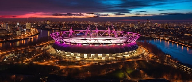 a stadium with a purple light and a blue light in the background