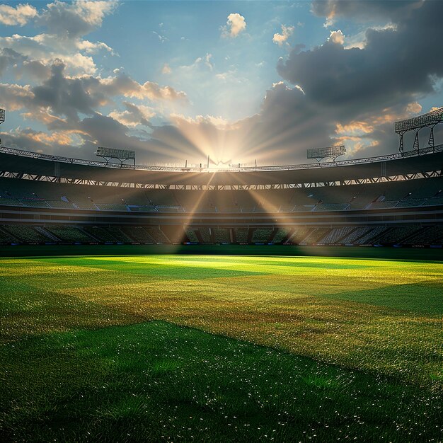 a stadium with a sky that has the sun shining through it