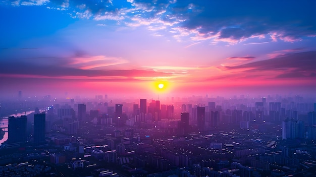 Stadsbeeld bij zonsondergang met roze en blauwe hemel