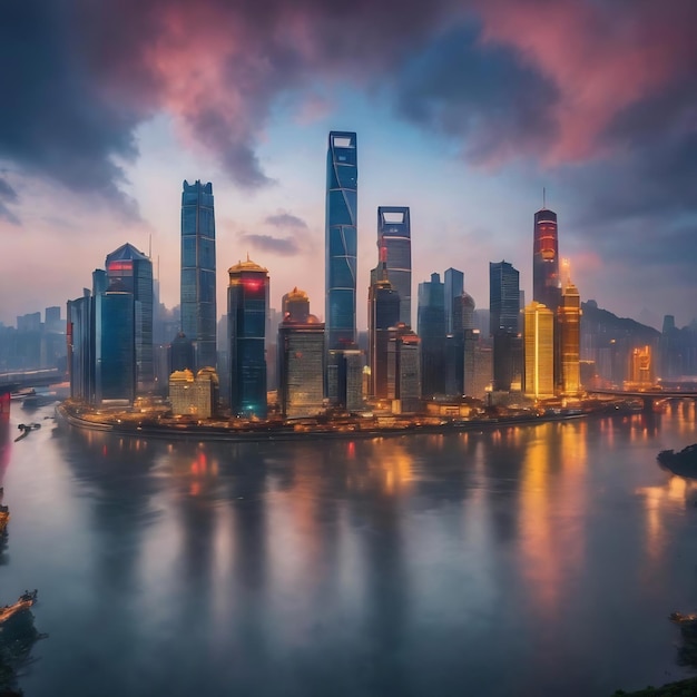 Stadsbeeld en skyline van Chongqing in wolkenhemel vanuit een lege vloer