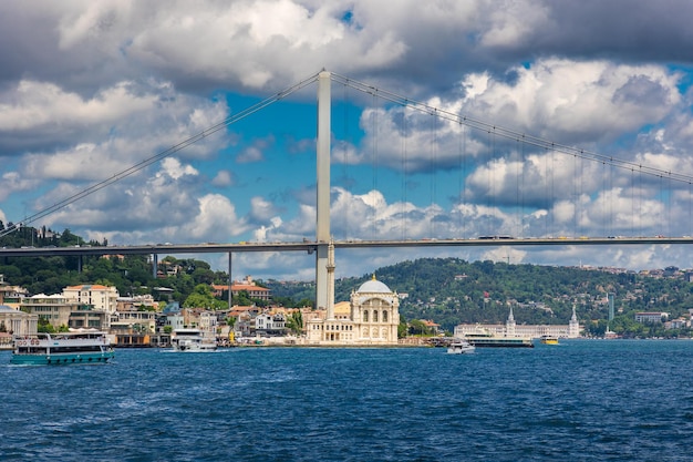 Stadsbeeld Ortakoy-moskee op de Bosporus-dam met een grote brug op een zonnige dag Istanbul Turkije