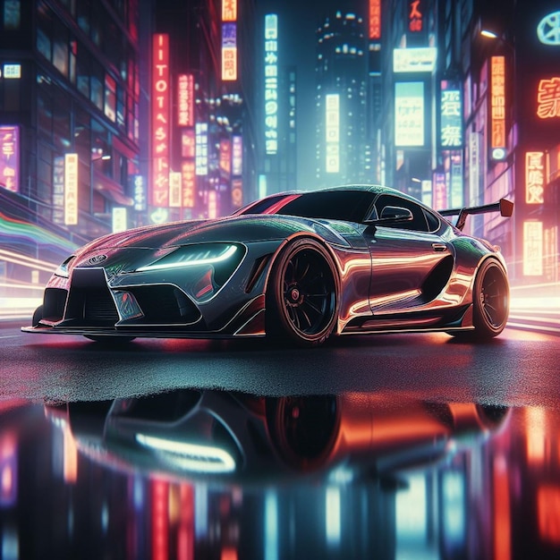 stadsbeeld reflecties de toyota supra mk5 glinstert onder neonlichten in futuristische omgeving