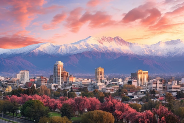 Stadsbeeld van de stad met besneeuwde bergen op de achtergrond Panorama von Santiago Chile mit Andenkordillere AI Generated