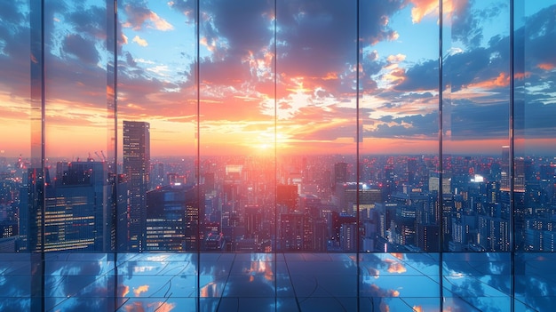 Stadsbeeld van reflecterende wolkenkrabbers, zakelijke kantoren die schitteren onder de zon, een panoramisch uitzicht dat de stedelijke vooruitgang vastlegt.