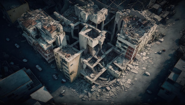 Stadsdrone met ingestorte en vernietigde gebouwen post-apocalyptische stad AI