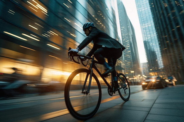 Stadsfietsers rijden langs wolkenkrabbers en genieten van lichaamsbeweging