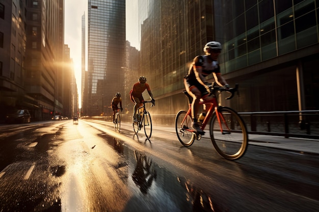 Stadsfietsers rijden langs wolkenkrabbers en genieten van lichaamsbeweging