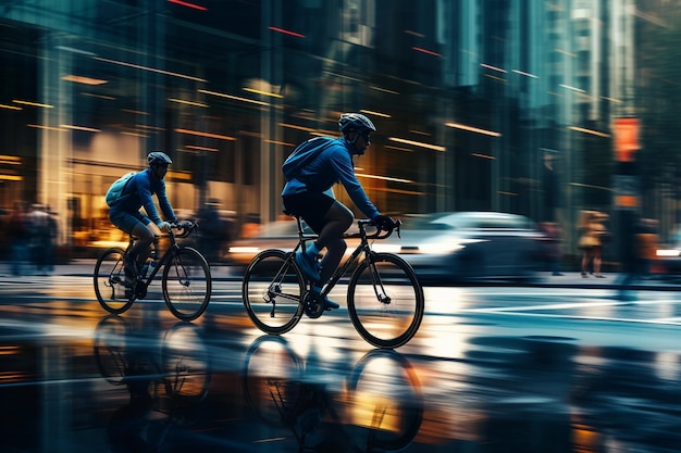 Stadsfietsers rijden langs wolkenkrabbers en genieten van lichaamsbeweging