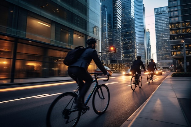 Stadsfietsers rijden langs wolkenkrabbers en genieten van lichaamsbeweging