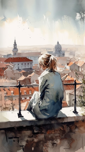 Stadsgezicht aquarel schilderij van een persoon zittend op een dak