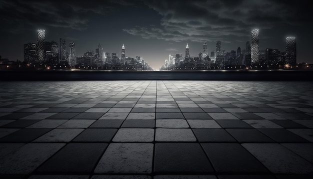 Stadsgezicht en skyline 's nachts vanaf lege bakstenen vloer Generatieve AI