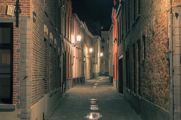 Stadsgezicht met een pittoresk nachtstraatje in Brugge