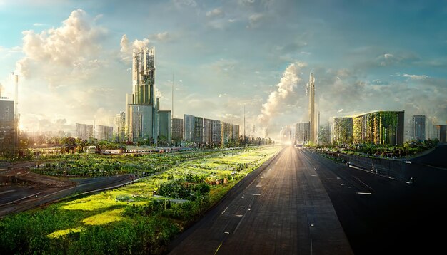 Stadsgezicht met wolkenkrabbers groen en een snelweg