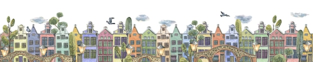 Stadsgezicht panorama met schattige huizen stenen bruggen bomen en lantaarns Aquarel illustratie Zomerse border uit de EUROPEAN HOUSES collectie Voor decoratie en ontwerp van ansichtkaarten posters