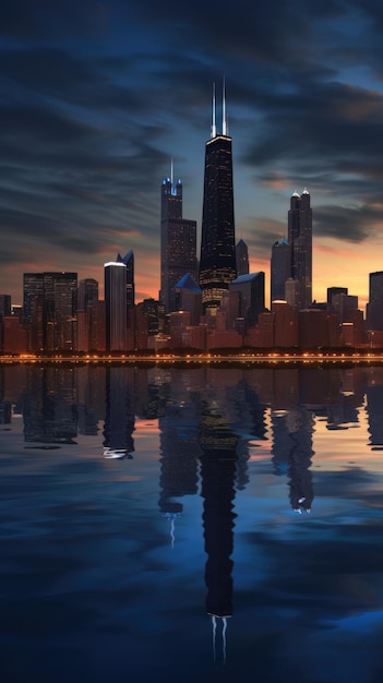 Stadsgezicht van Chicago in de schemering met lichten van de skyline Generatieve AI