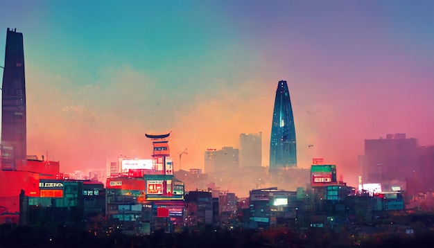 Stadsgezicht van Seoul 's avonds met kleurrijke lucht