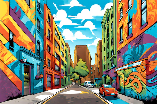 Stadsgraffiti-illustratie is een straat vol met veel afbeeldingen naast hoge gebouwen