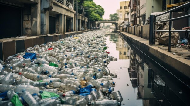 Stadskanaal gevuld met plastic puin