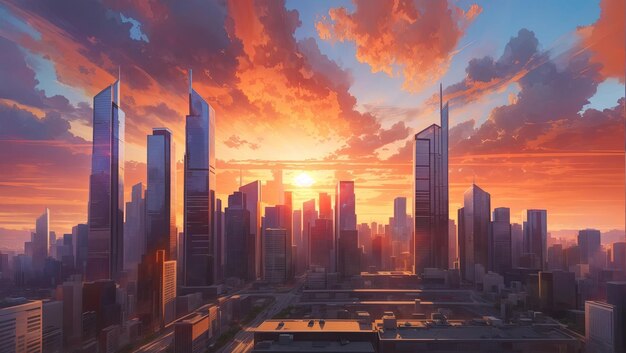 Stadslandschap bij zonsondergang met hoge gebouwen