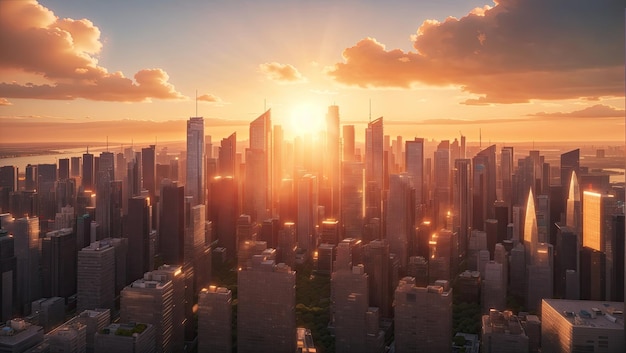 Stadslandschap bij zonsondergang met hoge gebouwen