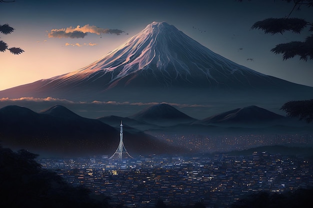 Stadslicht achtergrond in Japan met uitzicht op de berg Fuji gegenereerd door ai